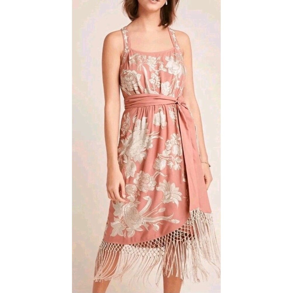 Anthropologie Lucille Embroidered Fringe Wrap Dress US Size 4 Rose Pink Floral